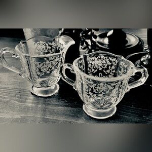 Fostoria Etched Depression Glass Creamer & Sugar